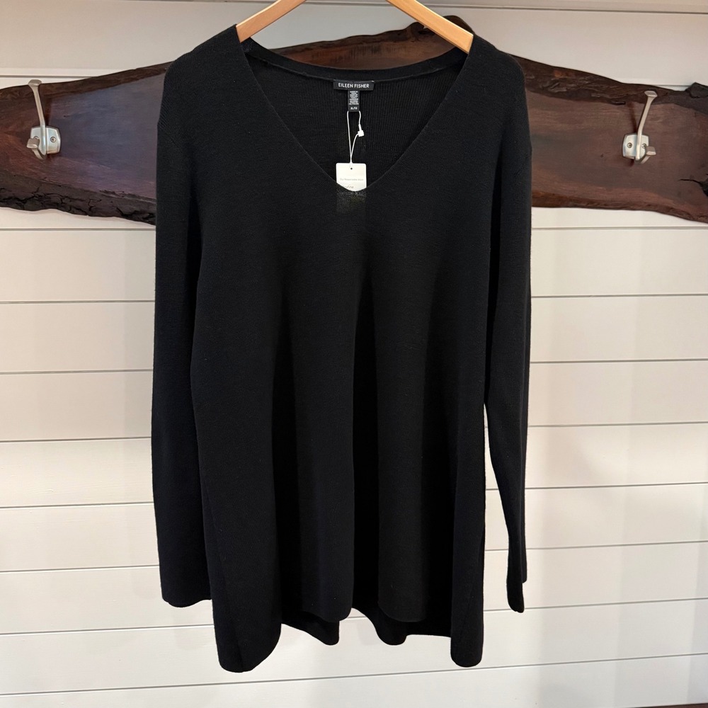 NWT Eileen Fisher XL Black Ultrafine Merino Wool V-Neck Tunic Sweater $288